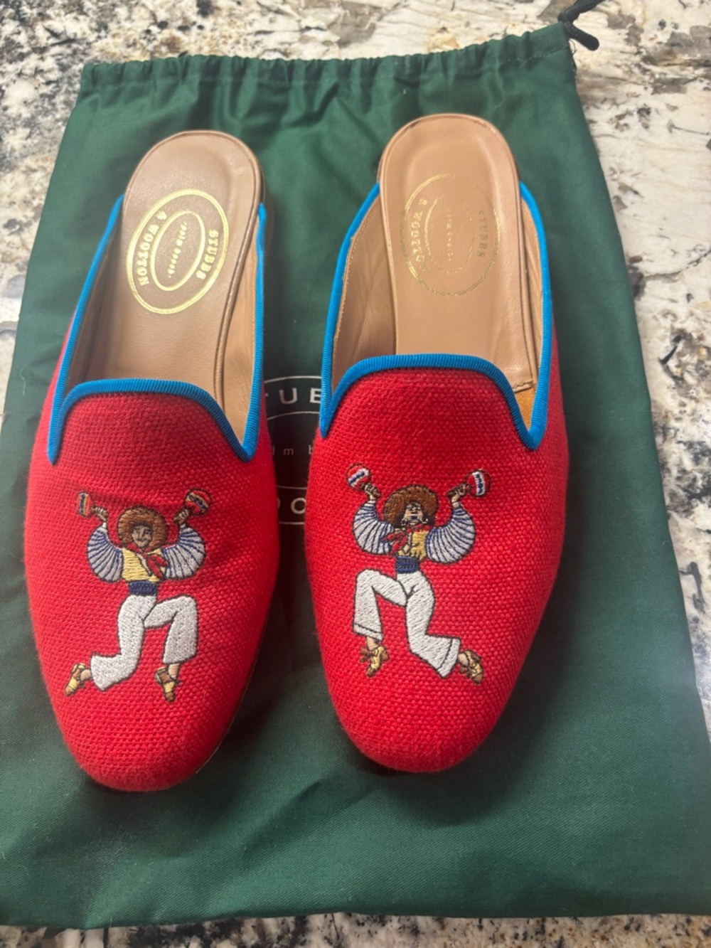 Stubbs & Wootton Red Embroidered Dancer Mules with Blue Trim
